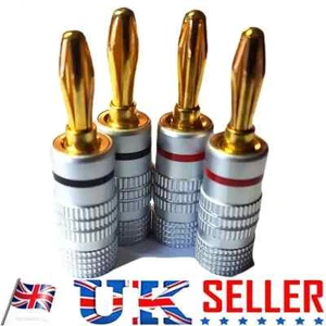 4X Profesjonalne wtyczki bananowe HiFi Pro Jakość 24K pozłacane czarne / czerwone UK - Zdjęcie 1 z 6