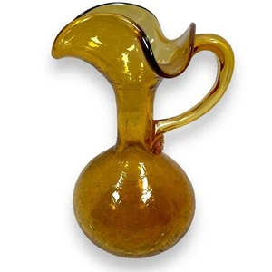 Vintage Blenko Crackle Glass Pitcher Hand Blown MCM Art Amber 9" Tall Handled - Picture 1 of 9