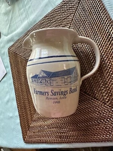 Vintage Remsen Iowa 1998 Farmers Savings Bank Pottery Pitcher Marshall Pottery - Picture 1 of 5