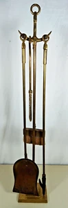 Vintage Brass Fireplace Tool Set Pokers Anchor Nautical 4 Tools Plus Stand - Picture 1 of 11