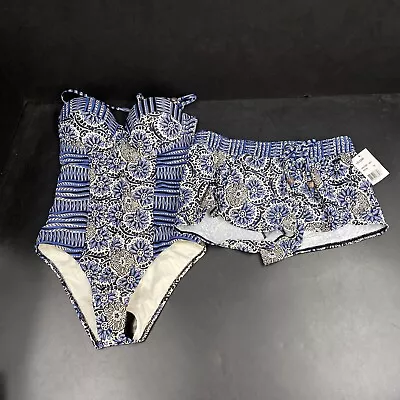 Volcom Blue White Flower One Piece Swimsuit Shorts Cover Up Set XS Beach Cfruise - Image 1 of 4