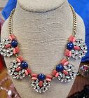J Crew Statement Necklace, Blue, Coral, Crystals, With Thick Antiqued Gold Chain