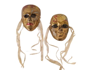 Vintage Paar massive Messing Kunst Gesichtsmaske Karneval Wohndeko - Bild 1 von 6