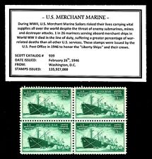 1946 - MERCHANT MARINE- Mint NH, Block of Four Vintage U.S. Postage Stamps