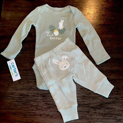 Pantalones Carter's Baby My First Easter verde claro y blanco a rayas suaves cara de conejo Foto 1 de 4
