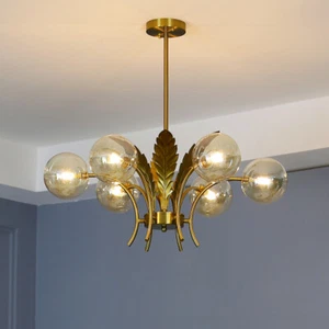 Luxury European Chandelier 6-Lights Glass Pendant Light Fixture with Leaf Deco - Picture 1 of 11
