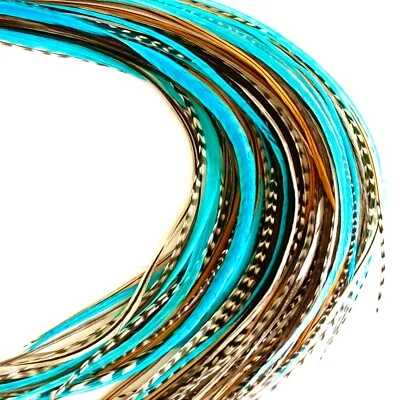 21 pcs. TURQUOISE and NATURAL 10-14" Feather Extension, Whiting Farms + DIY Kit - Image 1 of 4