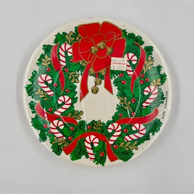 Vintage 90s NOS Christmas Wreath Candy Cane Paper Plates - 12 Plates 7" - Kitsch - Image 1 of 4