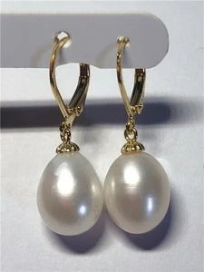 new natural AAA 9-8 mm South Sea white Pearl Earrings 14K YELLOW GOLD - Picture 1 of 2
