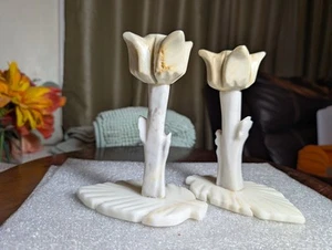 Vintage White Onyx Alabaster Candle Holders Tulip Shape Set of 2 Solid Stone - Picture 1 of 19