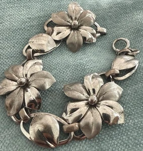 Vtg Sterling Silver  Bracelet Flower Leaves Harry S Bick HSB rare signed 7’’ - Picture 1 of 6