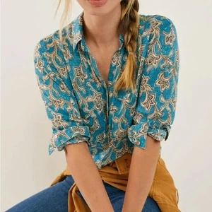 Anthropologie Pilcro Leilani Button Up Shirt Blouse Size XS Viscose Blue Motif - Picture 1 of 15