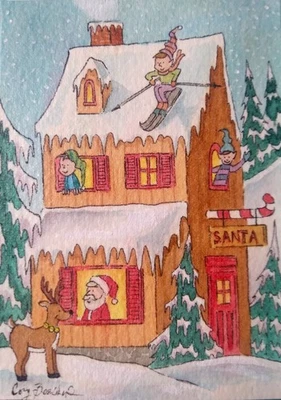 Original Watercolor Christmas ACEO, Santa House/Cabin, Elves, Reindeer, Trees - Image 1 of 4