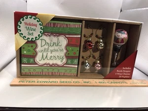 New Holiday Wine Set Hostess Gift Santa Bottle Stopper Charms Napkins - Picture 1 of 5