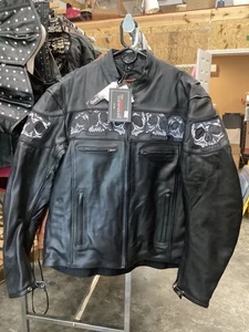 Reflective Skull Premium Cowhide Leather Motorcycle Jacket - Zip Out Liner - Picture 1 of 6
