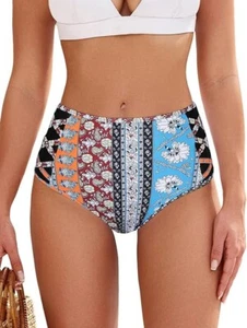 Women High Waist Bikini Bottom Side Mesh Spliced Tankini Swimsuit Swim Briefs L - Picture 1 of 4