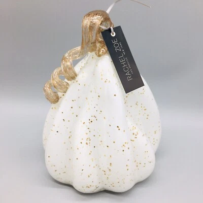 Rachel Zoe White Handblown Glass Tall Pumpkin Gold Flecks Gourd Fall Decor 9"