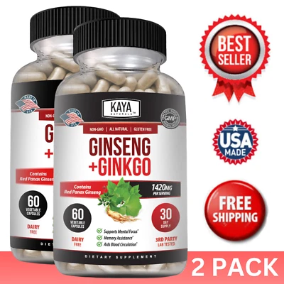 (Paquete de 2) Ginkgo Biloba + Extracto de Ginseng Panax Focus Memoria Cerebral Metabolismo Foto 1 de 4