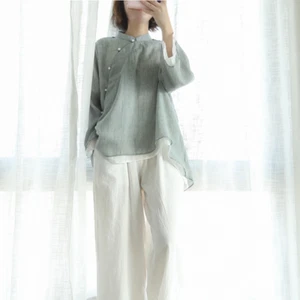 Costume Hanfu donna cotone top cinese retrò blusa rana scollo a V inclinato camicie - Foto 1 di 15