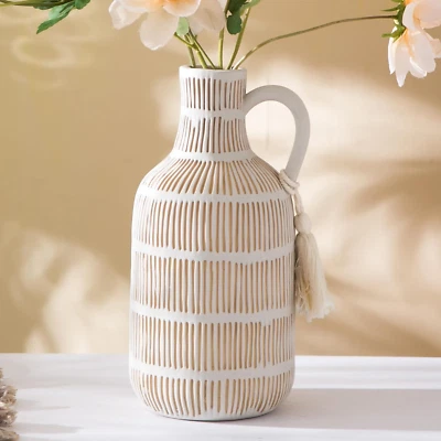 Farmhouse Vase with Handle and Tassel, Grey Yellow Vertical Stripes Design Clay - Image 1 of 4