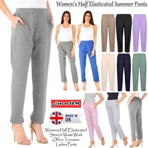Womens Trousers Ladies Half Elasticated Stretch Waist Work Office Pockets Pants - Picture 1 of 20