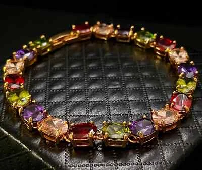 14k Yellow Gold FN 28Ct Oval Lab-Created Rainbow Sapphire 7" Tennis Bracelet 925 - Image 1 of 4