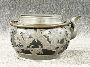 VINTAGE / ANTIQUE SIGNED CHINESE TEAPOT PEWTER METAL OVERLAY - Picture 1 of 17