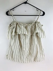 ELAN Tank Top Size L Cream Black Stripe Sleeveless Spaghetti Strap Off Shoulder - Picture 1 of 6