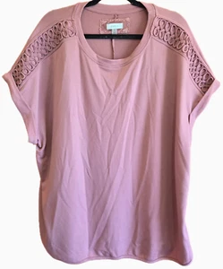 Cupio Donna 2X Pullover Rosa-Rosa Manica Corta Top Spalle Impreziosite - Foto 1 di 7