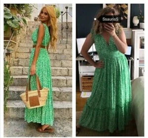 Maxi Vestido Largo ZARA Verde Ditsy Floral En Niveles Acanalado L 14 16 Verano - Imagen 1 de 5