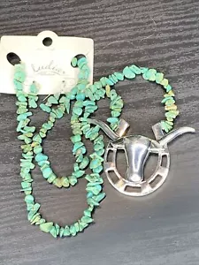 Texas Longhorn Turquoise Necklace Earrings Set Silver Tone Cowboy Western New A - Picture 1 of 10