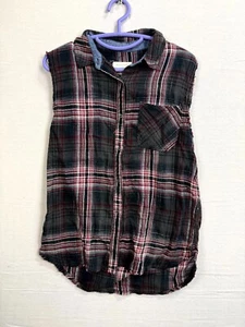Treasure & Bond Plaid Shirt Women L Multicolor Pleated Sleeveless Button Up - Picture 1 of 7