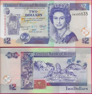 BELIZE 2 DOLLARS 2021 UNC DW,RUINS OF LUBAANTUN AT RIGHT,SITS OF XUNANTUNICH AND - Picture 1 of 1
