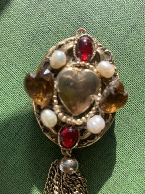 Large Gold Tone Heart Locket Handmade Ooak Elegant Red Pearl Jewelry Vintage - Image 1 of 4