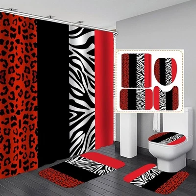 Jieprom 4PCS Leopard Print Shower Curtain Set with Rug, Toilet Lid Cover and Bat - Изображение 1 из 2