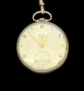 ELGIN Rare Vintage Circa 1949 De Luxe Pocket Watch + Chain - 17 Jewels 10K WORKS - Picture 1 of 4