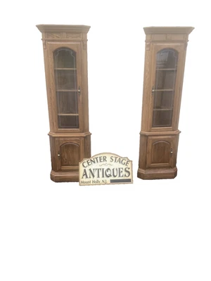 64573  PAIR Oak Corner Cabinet Curio s  With 3 wood and glass shelves each - Image 1 of 4