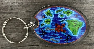 Hawaii Islands Keychain 1 1/2” x 2 1/8” 2-Sided Oval Hibiscus Vacation Tropical - Picture 1 of 3