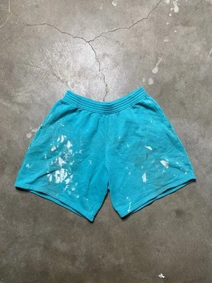 Vintage 1990s Turquoise Blue Paint Stained Sweat Shorts - Image 1 of 4