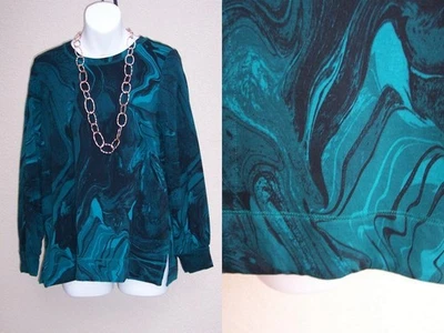 Chico's NEW Marble French Terry Sweatshirt 0 S green malachite POCKETS knit top - Image 1 of 4