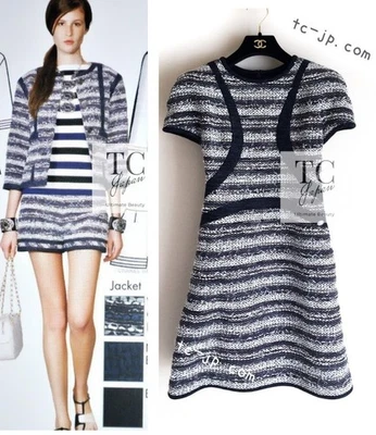 Vestido de tweed de verano de algodón a rayas blanco marino Chanel 13S Karl Keira 44 US12 Foto 1 de 4