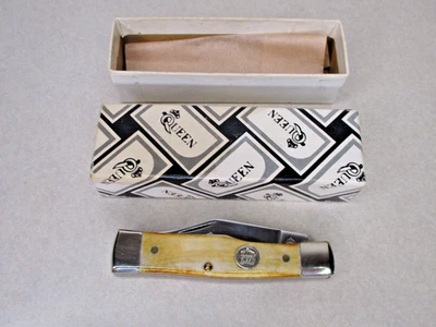 Cubiertos de acero Queen EE. UU. BB4 Gunstock 1992 hueso quemado ciervo cuchillo de bolsillo caja ciudad Foto 1 de 4