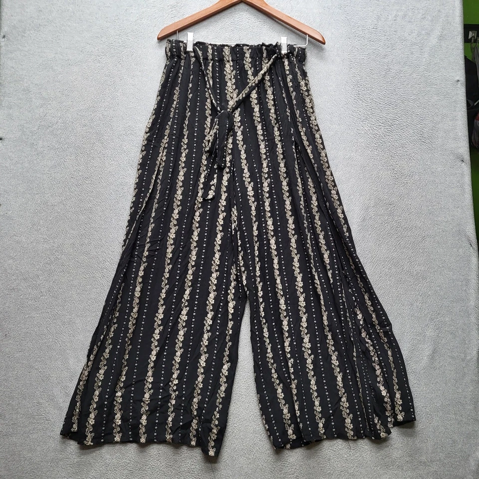 Pantalones de mujer ANGIE L negros florales pierna ancha boho cottagecore corbata Y2K Foto 1 de 4