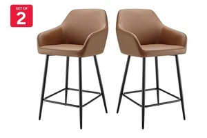Ovela Set of 2 Paige Faux Leather Bar Stools (Tan PU/Black), Benches, Stools & - Picture 1 of 11