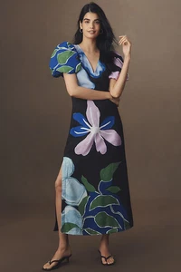 Nuevo Maxi Vestido By Anthropologie Manga Abullonada Línea A Negro Talla L Nuevo con Etiquetas - Imagen 1 de 7