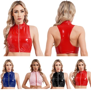 Damen Crop Tops Stylisch Tank Trägershirt Tunika Clubwear Nachthemd Lackleder Glänzend - Bild 1 von 44