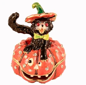 Ciel Collectables Halloween Cat on Pumpkin Trinket Box. Hand Made - Picture 1 of 3