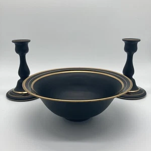 Tiffin schwarz Amethyst Satin Glas Konsole Set 1 Schüssel 2 Kerzenhalter goldene Linien - Bild 1 von 17