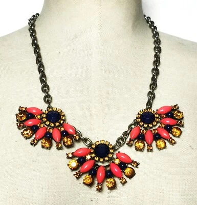 Vintage Gestempelt J Crew Silberfarben Blau Orange Strass 21 " Halskette - Bild 1 von 4