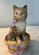 Vintage Schmid Musical Collectible Cat In A Basket Musical Figurine 80s Kitten